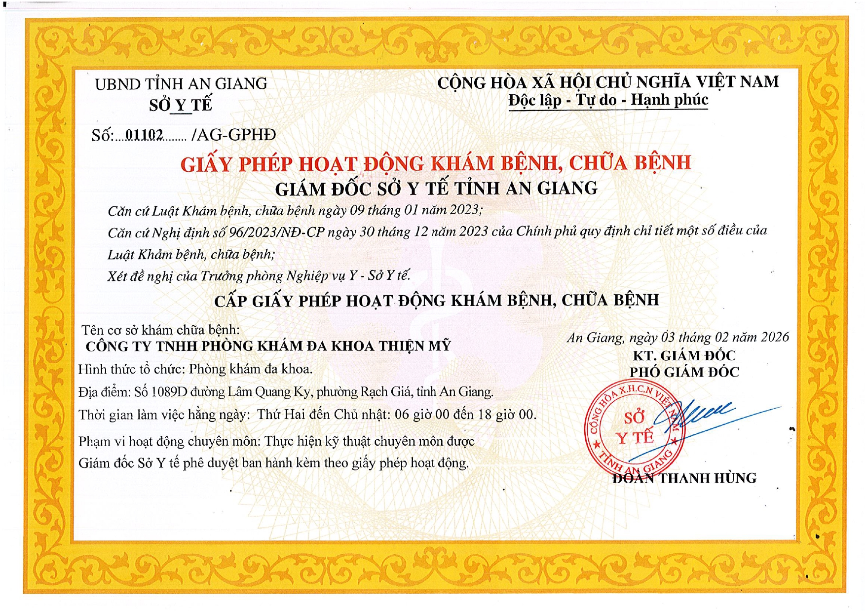 GIẤY PHÉP HOẠT ĐỘNG KHÁM BỆNH, CHỮA BỆNH (cập nhật địa chỉ)